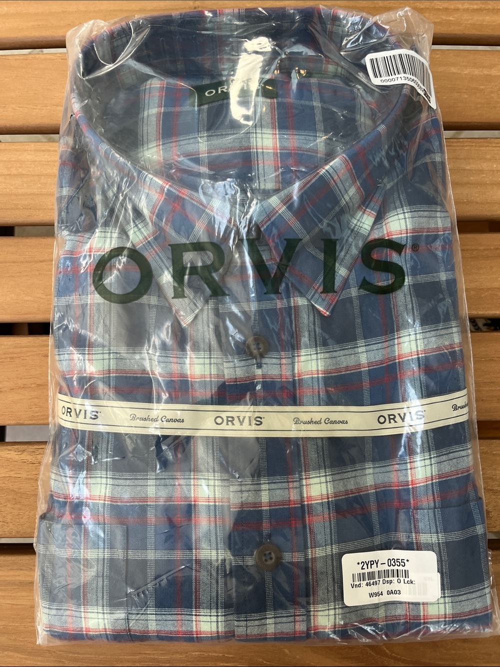 Orvis Blue Plaid Button-Down Shirt with Red and White Accents